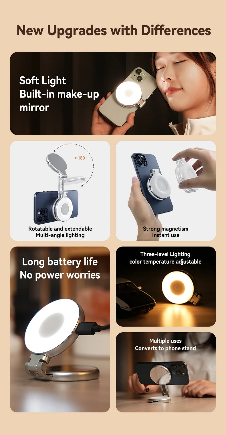 TELESIN Smartphone Magnetic Fill Light Mini Selfie Light 3 Modes Adjustable Brightness for Iphone XIAOMI HUAWEI SAMSUNG Phone