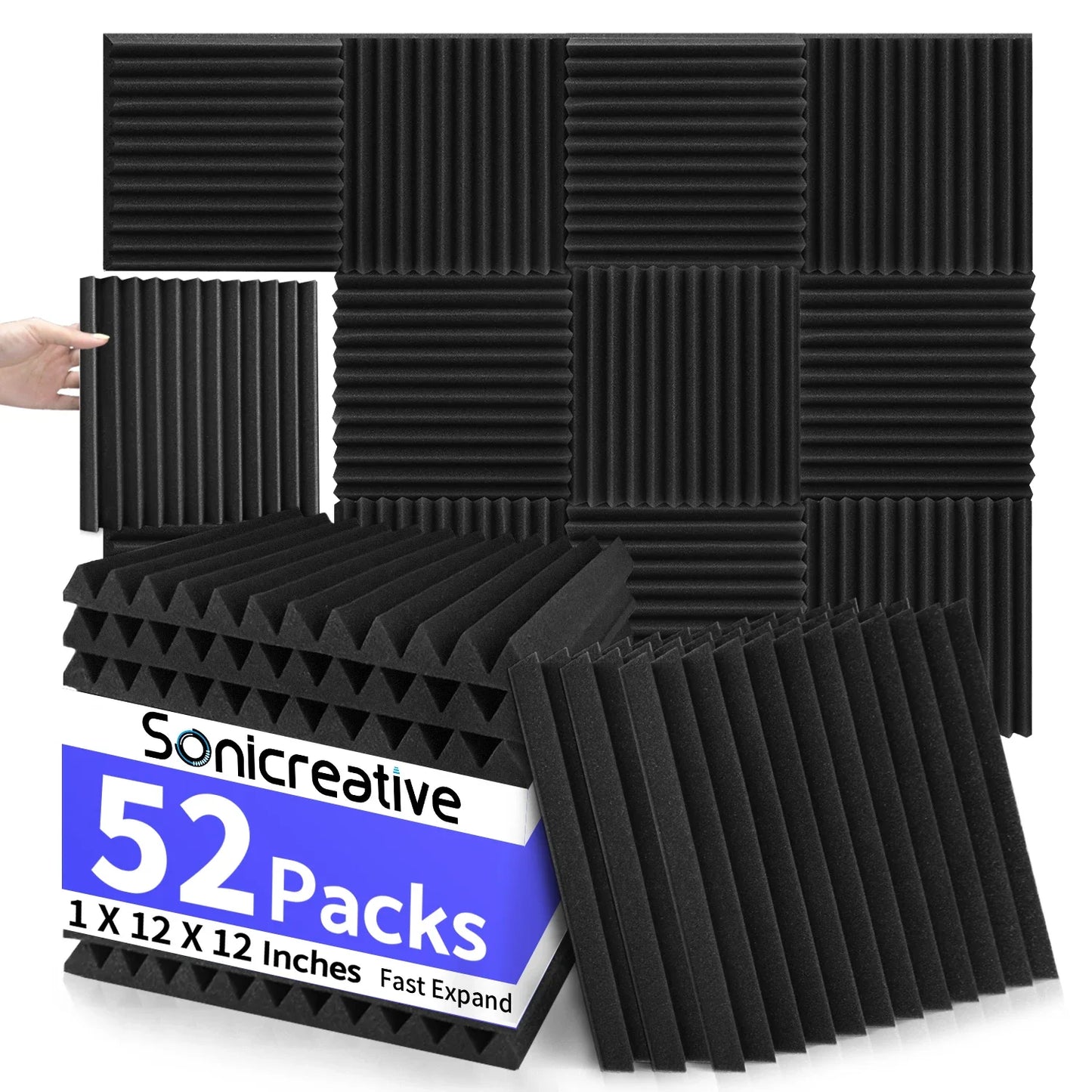 52 Pack Cheap Acoustic Foam Panels 1 X 12 X 12 Inches Large Sound Proof Foam Panels for Walls, Wedge Soundproof Wall Panels Acou