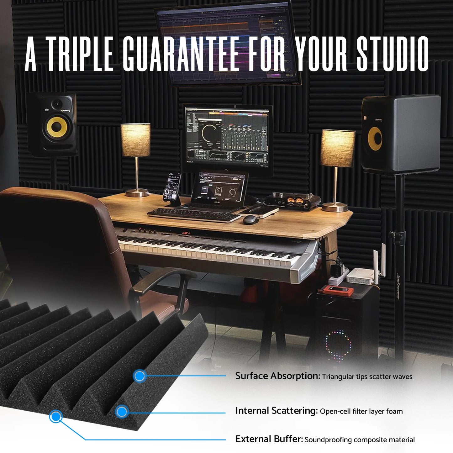 52 Pack Cheap Acoustic Foam Panels 1 X 12 X 12 Inches Large Sound Proof Foam Panels for Walls, Wedge Soundproof Wall Panels Acou