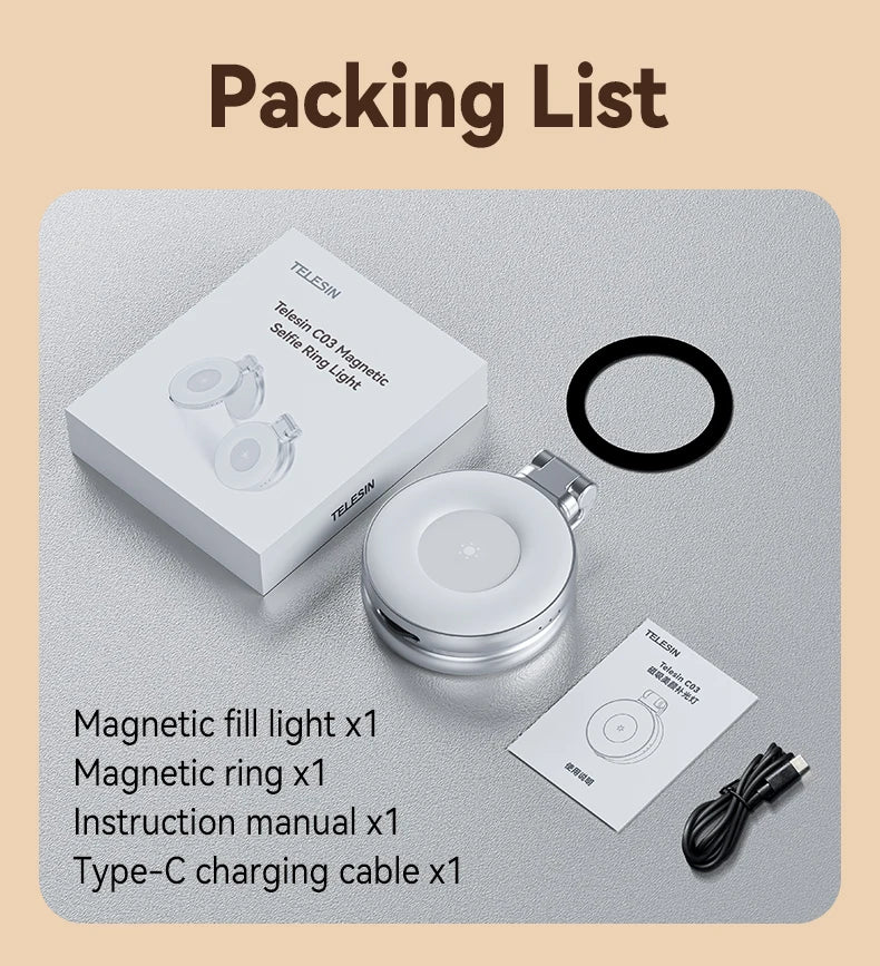 TELESIN Smartphone Magnetic Fill Light Mini Selfie Light 3 Modes Adjustable Brightness for Iphone XIAOMI HUAWEI SAMSUNG Phone