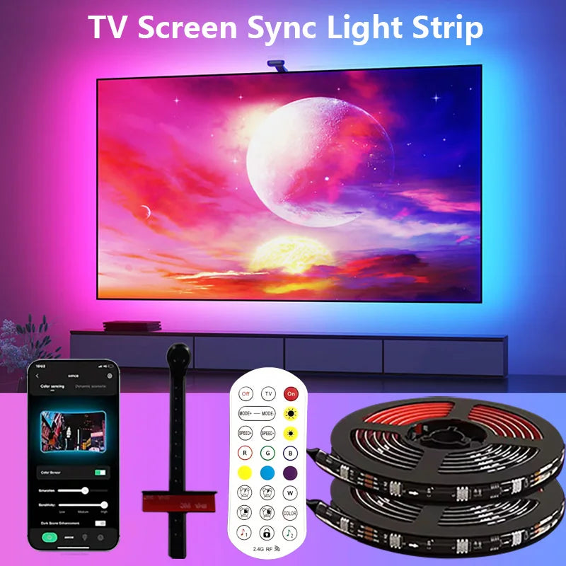 RGBIC LED TV Backlight Strip with Color Picking Sensor Music Sync App Control 55-75inch for Gaming Room Atmosphere Lighting